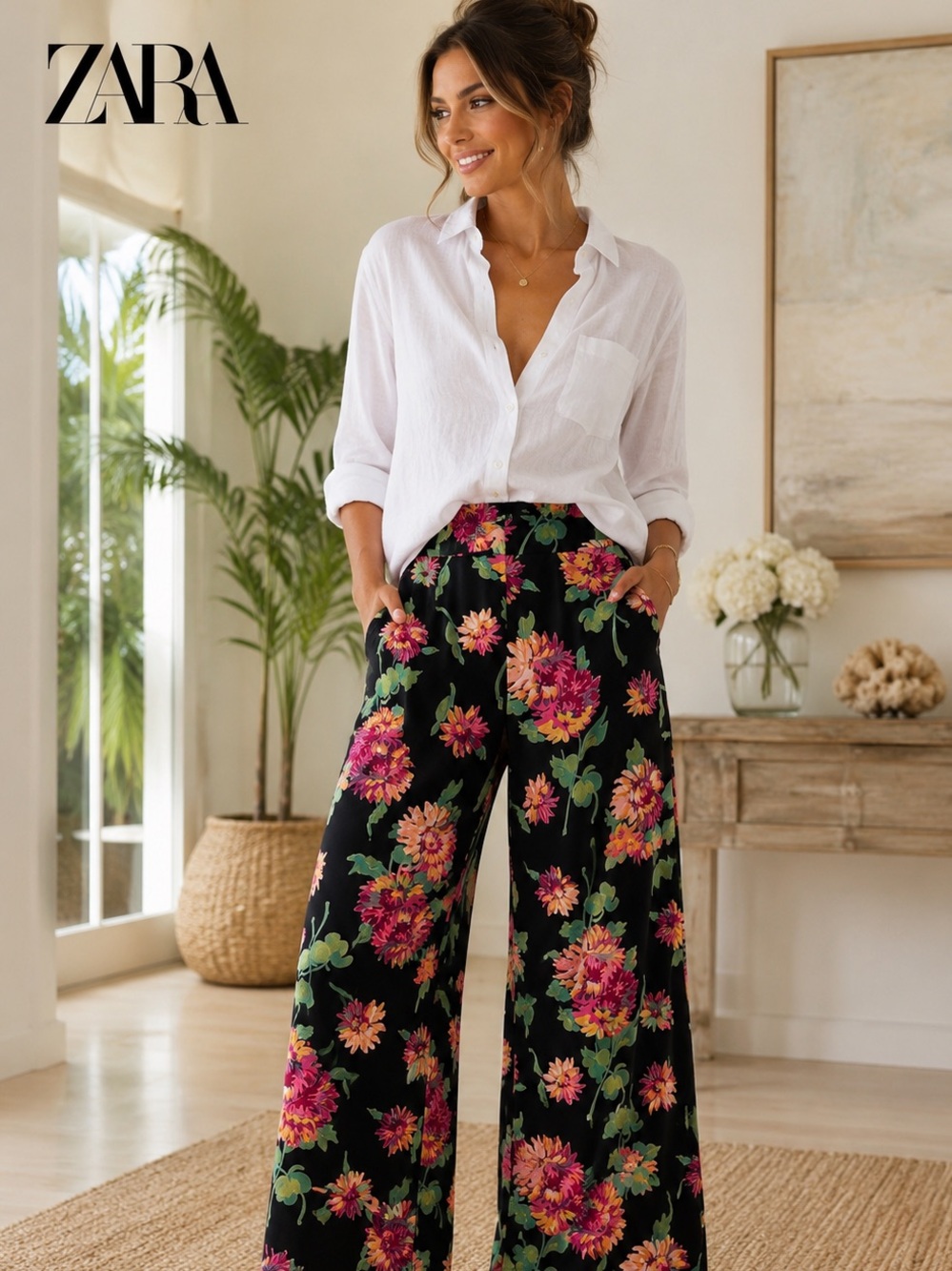 Zara,Black w/Vibrant Florals Cropped Palazzo Pants,Excellent Condition,Size XS